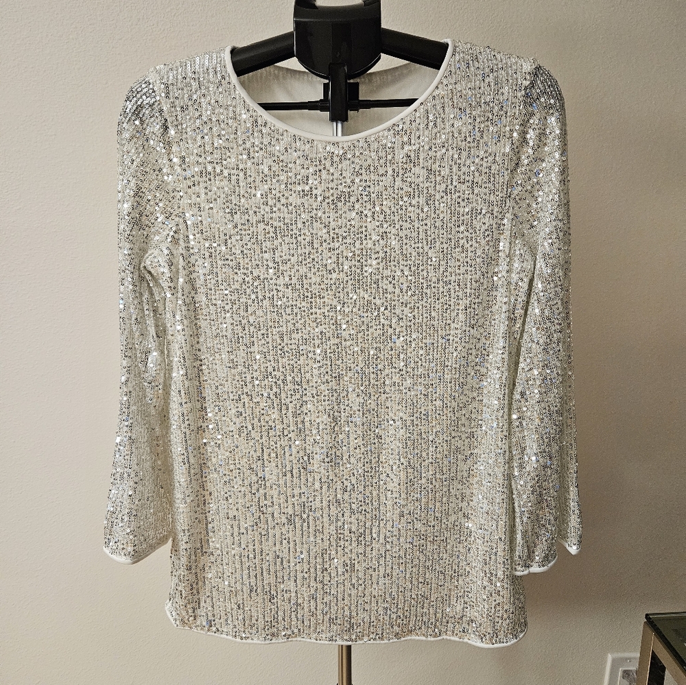 JM collection ivory tunic top with silver sequins.